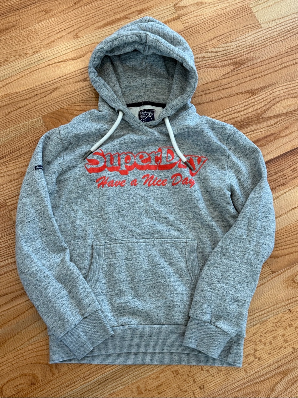 Superdry Grey Pullover Hoodie with Red Logo 'Have a Nice Day' Size S